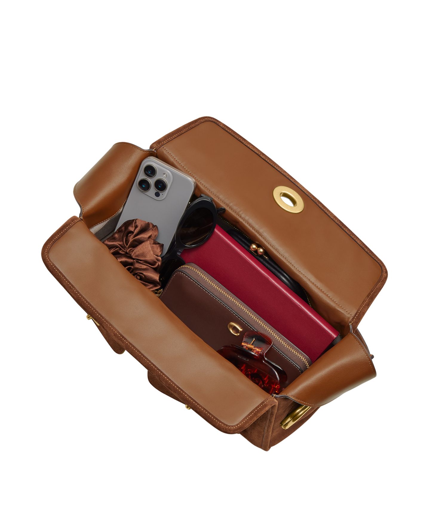 Женская сумка COACH Haversack Large Suede Turnlock Shoulder, цвет: Латунный / Коричневый — фото 5