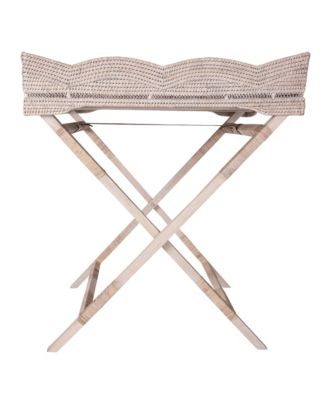 Artifacts Rattan Scallop Design Butler Tray with Wooden Legs & Glass Insert