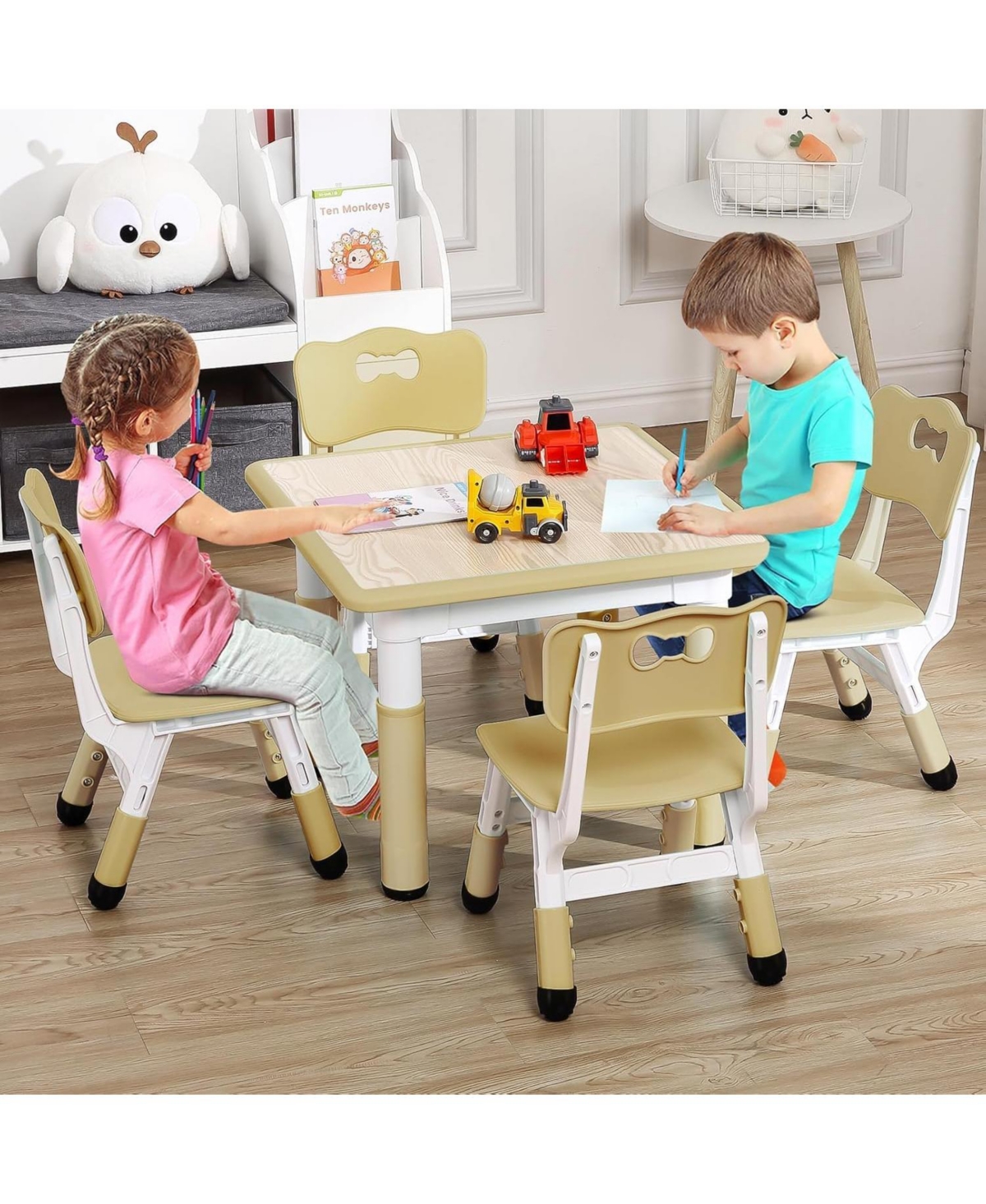 gaomon Modern Kids Table and 4 Chair Set, Height Adjustable Toddler Tables Chairs with Non-Slip Desk
