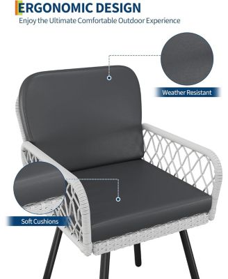 Patio Dining Chairs Set of 2 with Black Metal Frame & White Hand-Woven Rattan, Porch Armchairs with Cushion for Indoor, Garden, Balcony, Deck