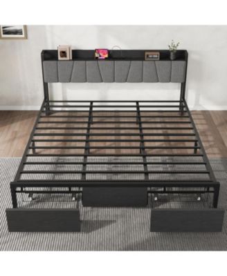 Bed Frame with a Functional Storage Headboard, Industrial Full Platform Bed with 2 Large Drawers Plus a Charging Station