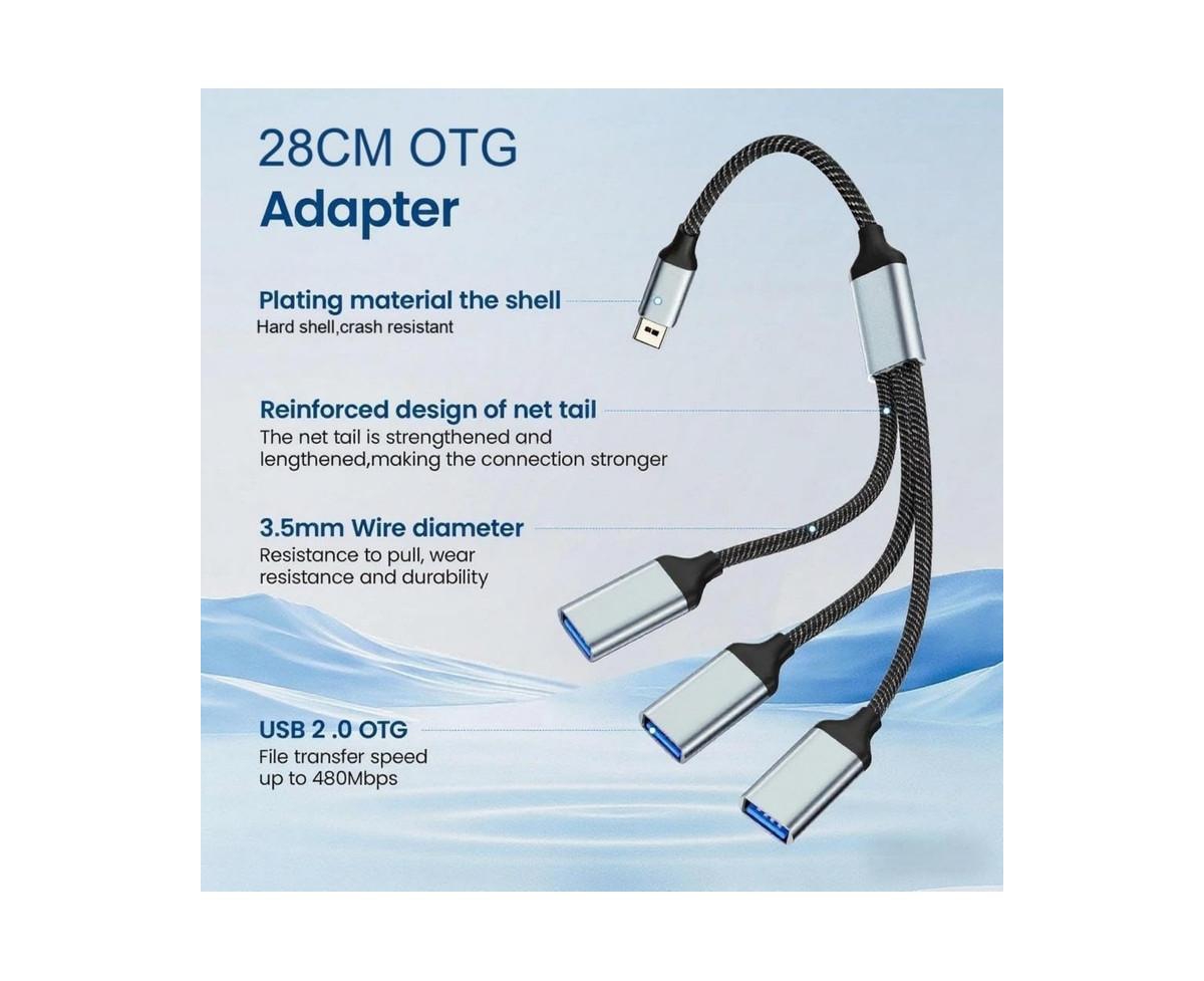 Risokeys 1-to-3 Usb 2.0 Splitter, Otg Function, Plug & Play Multi-Port Adapter for Car/Laptop/PS5, Ideal for Gamers, Car Owners