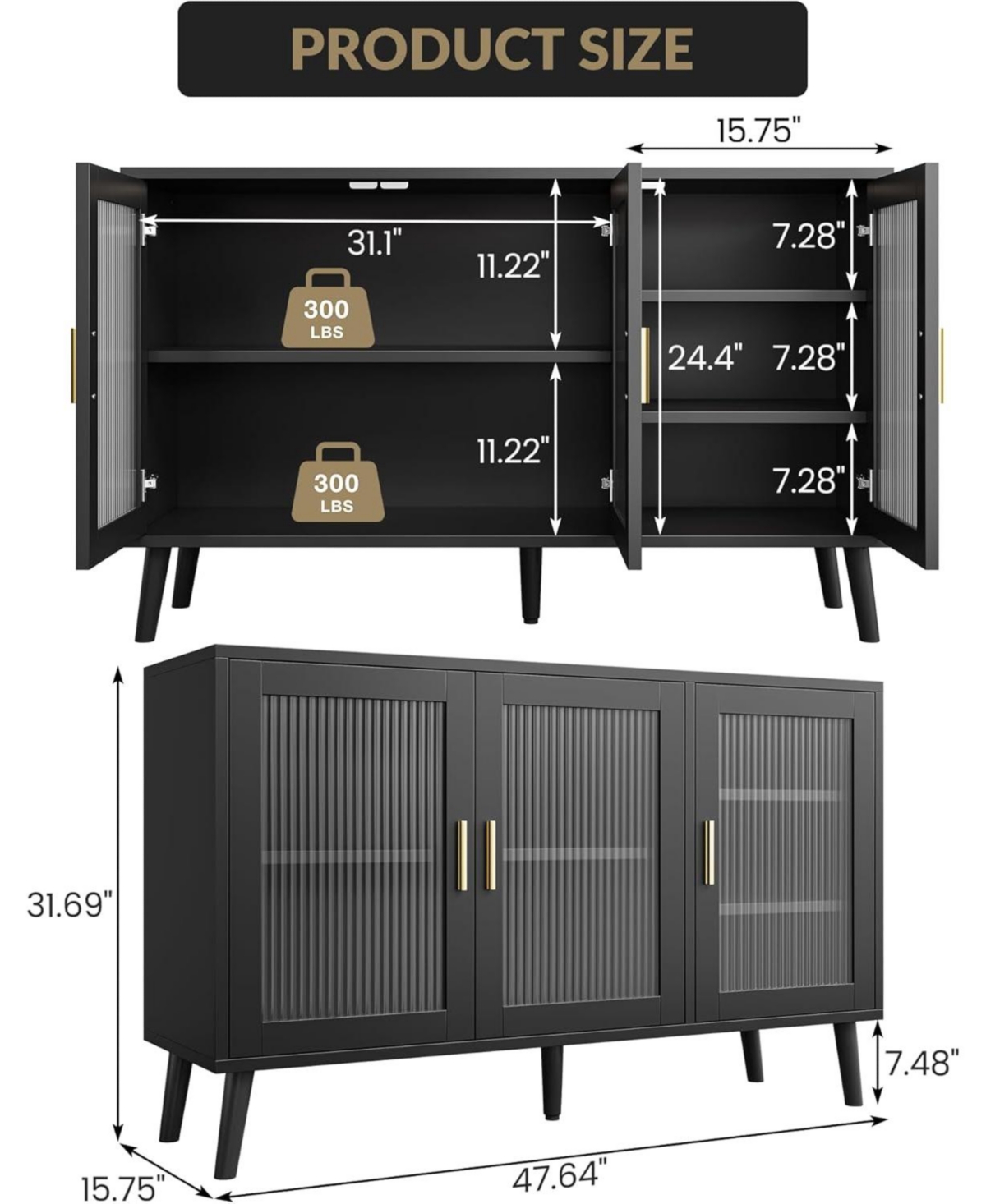 gaomon Sideboard Buffet Cabinet, Large Sideboard Cabinet with 3 Fluted Glass Doors and Removable Shelves