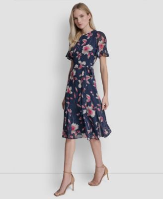 Women's Short Godet-Sleeve Jewel Neck Midi Dress