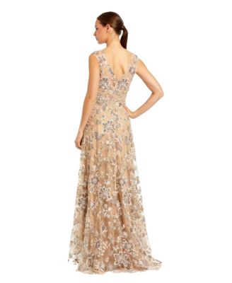 Women's Floral Embroidered Sleeveless V Neck Gown