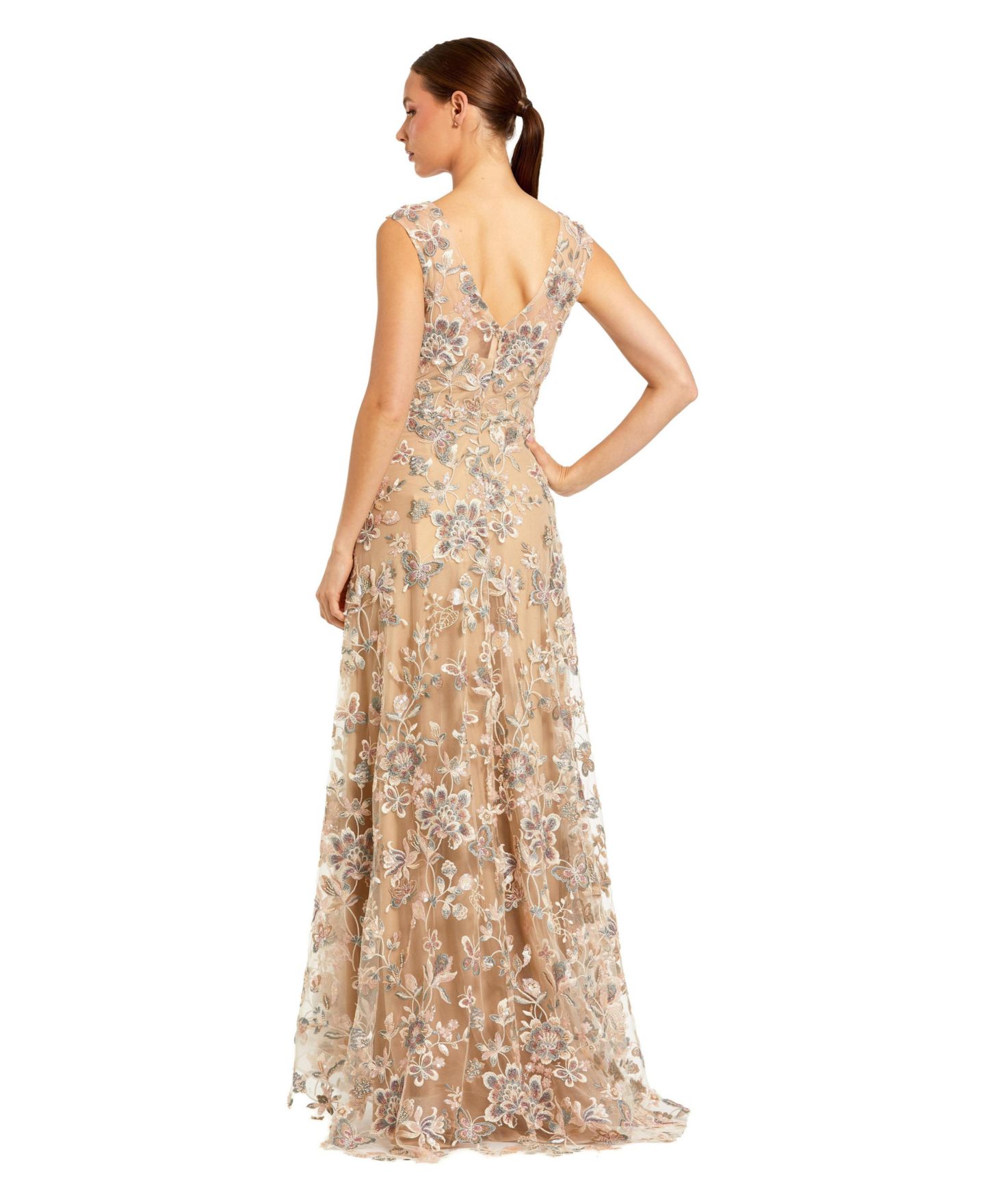 Женское платье Mac Duggal Floral Embroidered Sleeveless V Neck Gown, цвет: Серо-коричневый — фото 2