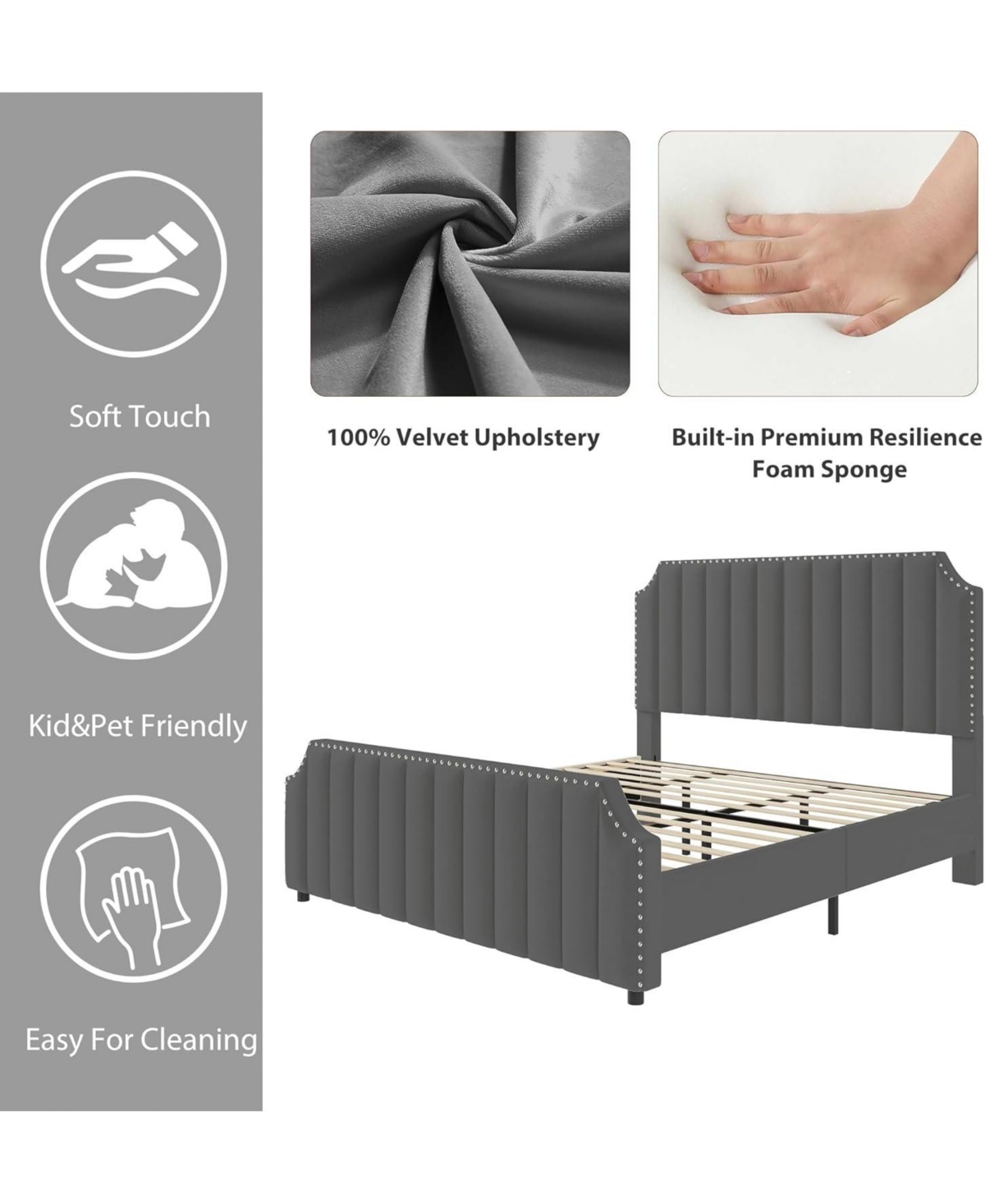 gaomon TrailBlaze Luxury Soft Upholstered Platform Bed Frame – Tall Channel Tufted Headboard & Footboard, Sturdy Wooden Slats, Quiet