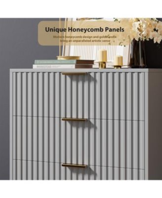 5 Drawer Dresser for Bedroom, Fluted Tall Dresser with Large Drawers and Sturdy Gold Legs Support, Dressers & Chests of Drawers for Bedroom