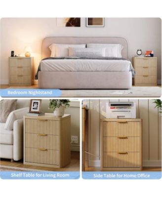 Fluted Nightstand Set of 2,Mid Century Bedside Table,Wooden End Table,Farmhouse Night Stand with 3 Drawer