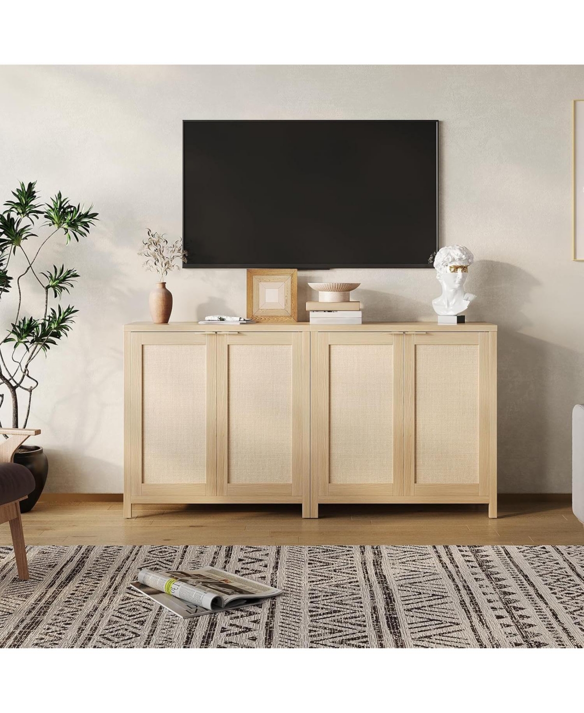 gaomon Farmhouse Rattan Buffet Cabinet with Storage & Adjustable Shelves, 34.3" Kitchen Sideboard Console Table for Living Room Dining Room Entry
