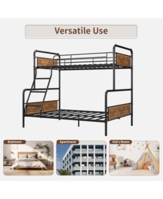 Metal Bunk Bed Twin Over Full Size with Angled Ladder, High Guardrail, Heavy Duty Bunk Bed Frame with Metal Slats, Smooth Rounded Edges