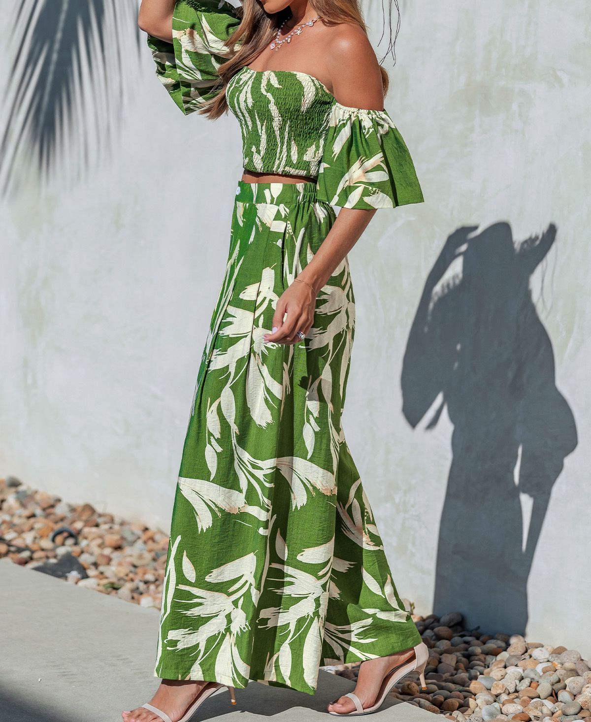 Cupshe Women's Smocked Off-The-Shoulder Wide-Leg Matching Sets