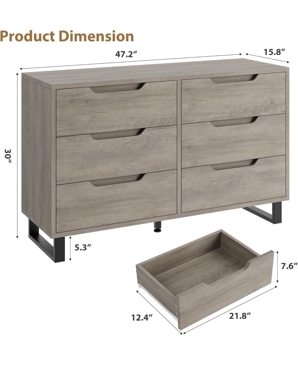 gaomon 6 Dresser for Bedroom, 47.2 Wide Dresser, Freestanding Vertical Drawer Cabinet with Storage, Wooden Closet Storage Chest Living Room.