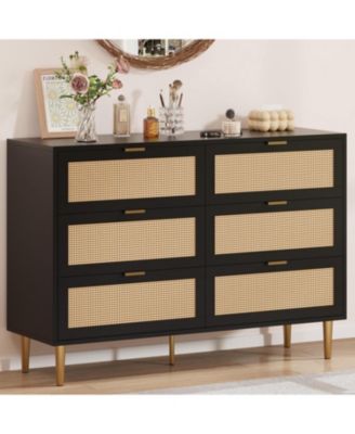 Rattan 6 Drawer Dresser, Modern Chest of Drawers with Gold Legs and Handles, Boho Wide Double Dresser with Large Tabletop Anti-Tipping Design