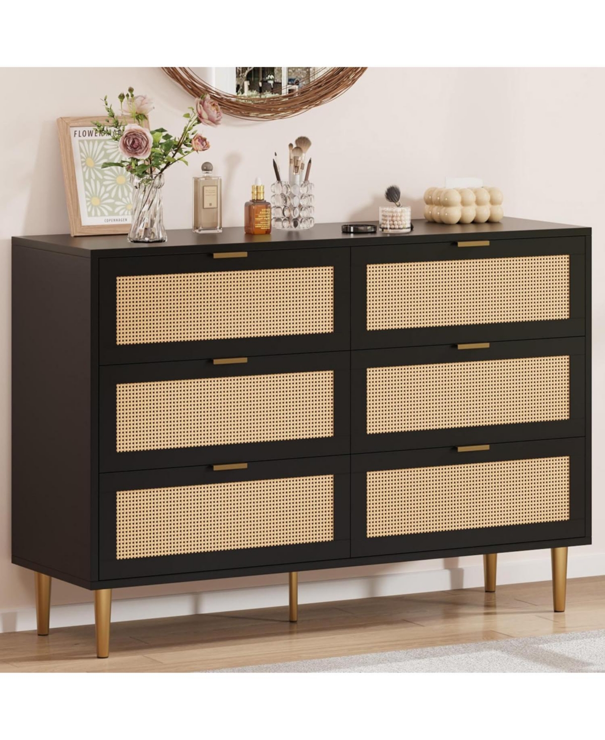 gaomon Rattan 6 Drawer Dresser, Modern Chest of Drawers with Gold Legs and Handles, Boho Wide Double Dresser with Large Tabletop Anti-Tipping Design