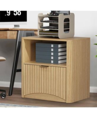 Fluted Farmhouse Night Stand with Charging Station, 23" Mid-Century Modern Nightstand