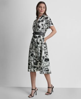 Women's Short-Sleeve Collared Neck Belt Midi Shirtdress