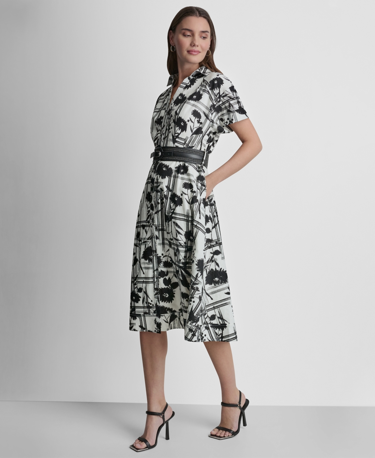 Dkny Women's Short Sleeve Collared Neck Belt Midi Shirtdress