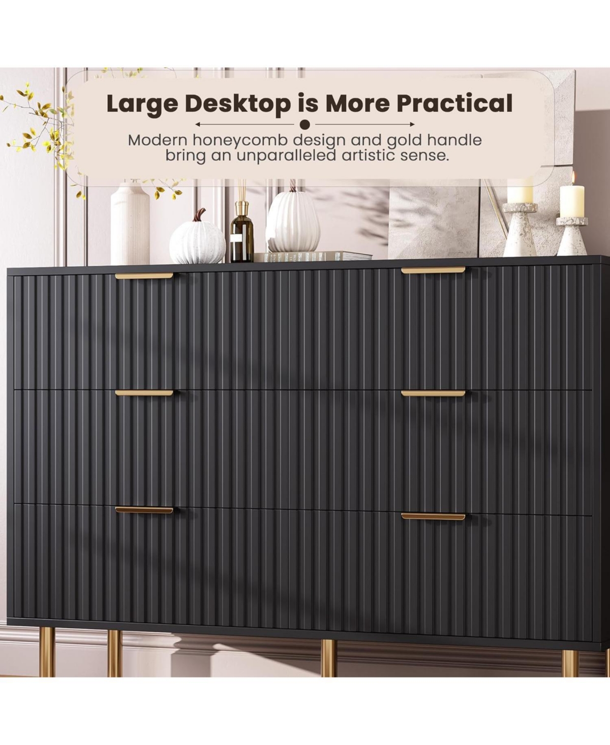 gaomon Zebra Six-Drawer Cabinet with Large Desktop, Modern Honeycomb Design, Handle, Practical Storage Solution