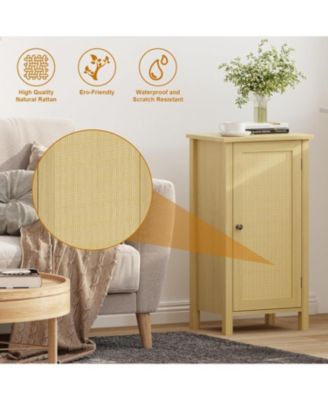 Modern Farmhouse Nightstand with Rattan Door & Drawer  Compact 16" Black Accent Bedside Table Featuring Boho Wood Design.