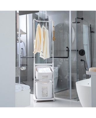 2-Tier Laundry Hamper Sorter, Rolling Laundry Baskets with Wheels, Removable, Stackable Laundry Cart with Hanging Bar for Small Space, Dorm