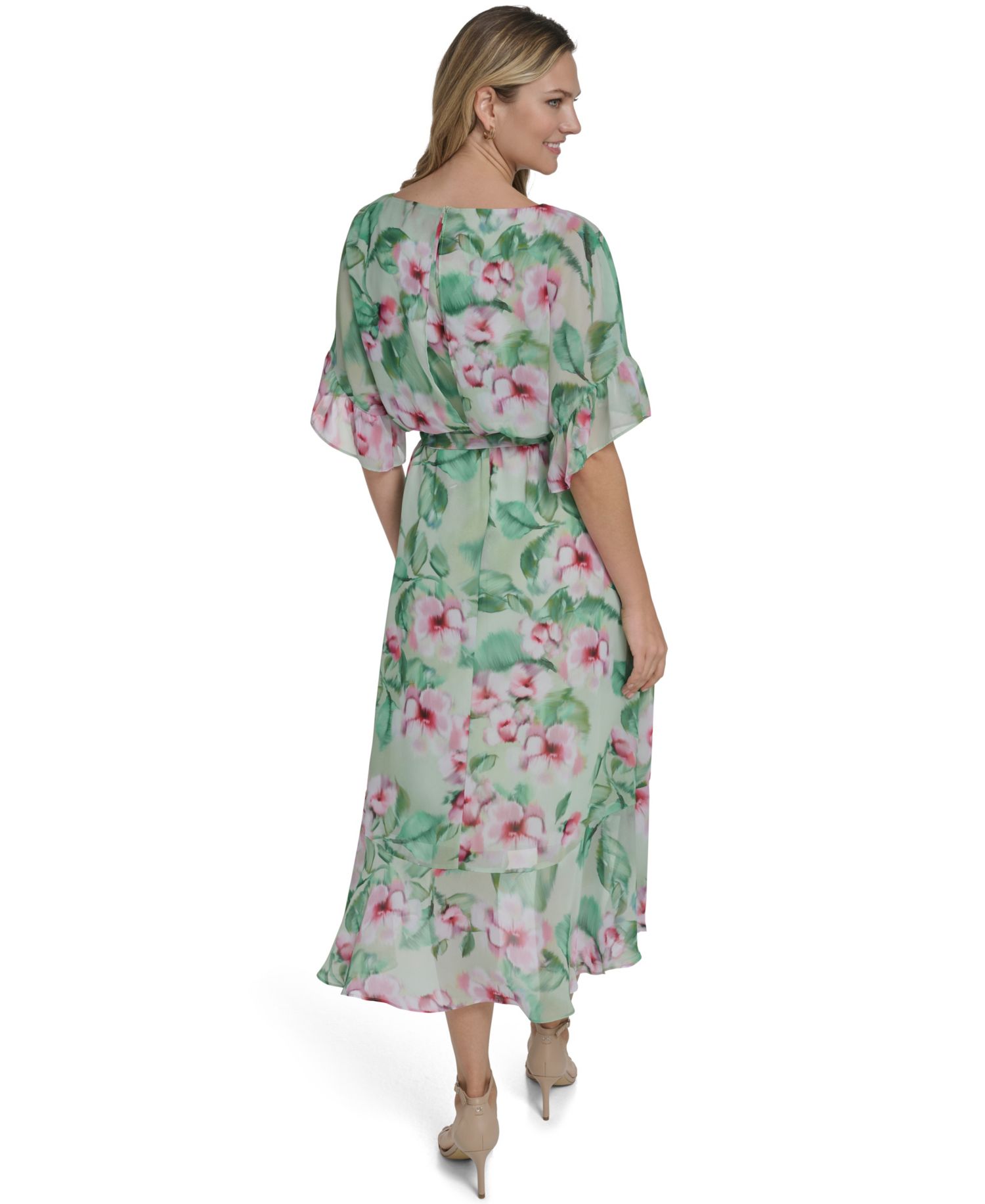 Petite Jewel Neck Ruffle-Sleeve Dress
