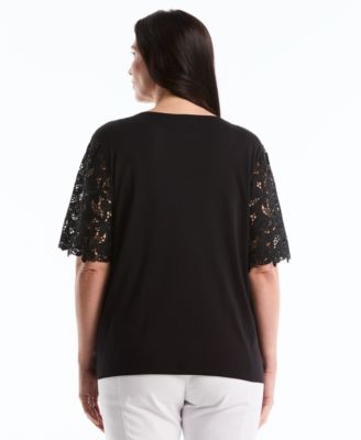 Plus Size Drape Lace Sleeve Crewneck Top
