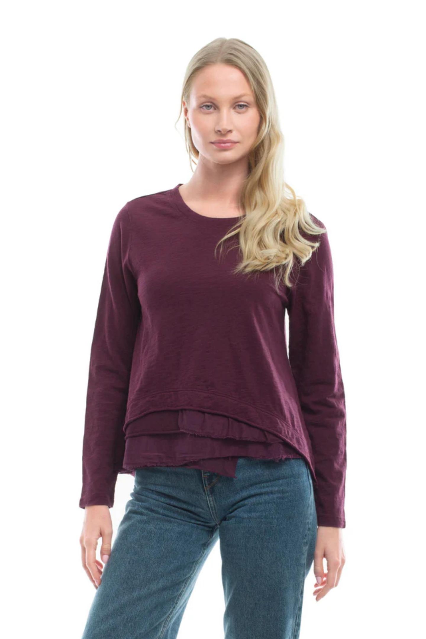 Женская футболка WILT Clothing Boxy Mixed Fabric Hem, цвет: Тёмный инжирный — фото 1