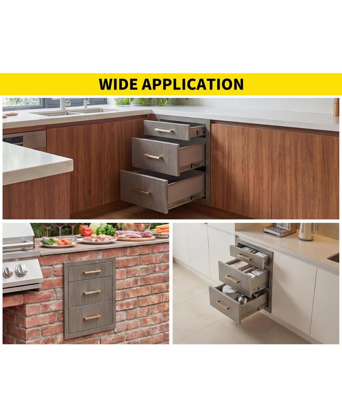 gaomon Outdoor Kitchen Drawers 17" W x 20" H x 20" D, Flush Mount Triple Bbq Drawers with Stainless Steel Handle for Outdoor