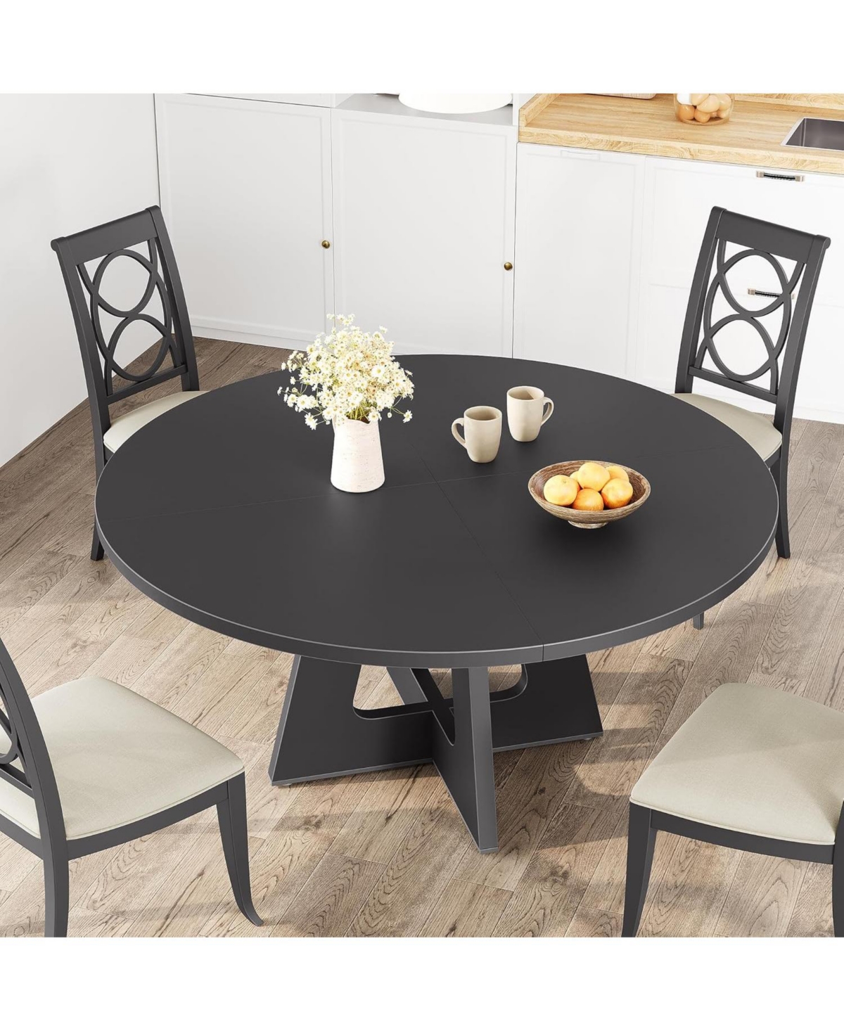 gaomon 47" Round Dining Table Set for 4 to 6, Farmhouse Kitchen with Wooden Top and Pedestal Base, Circle Dinner