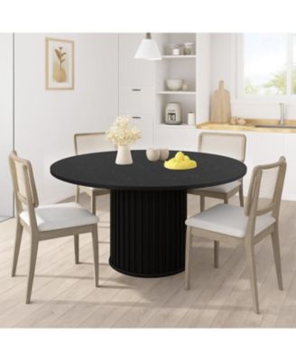 47" Round Dining Table for 4-6 People, Black Dining Room Table with Sturdy Waveform Metal Pedestal Base, Kitchen