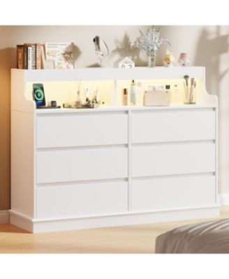 Dresser for Bedroom, 6 Drawer Dresser with LED Lights and Charging Station, Wide Chest of 6 Drawers with Open Space