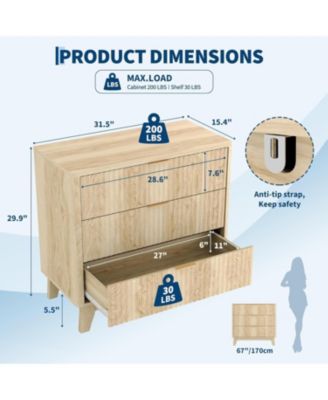 Fluted Night Stand with 3 Drawers, Modern Wood Chest of Bedside Table