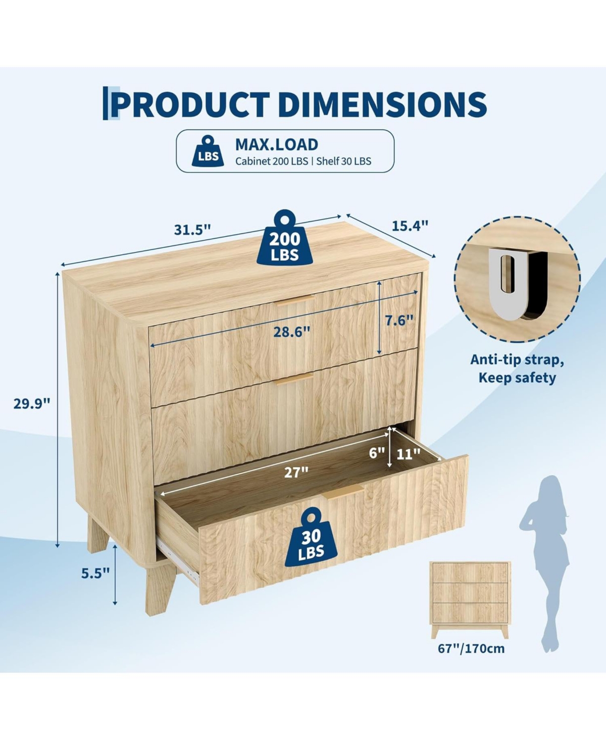 gaomon Fluted Night Stand with 3 Drawers, Modern Wood Chest of Bedside Table