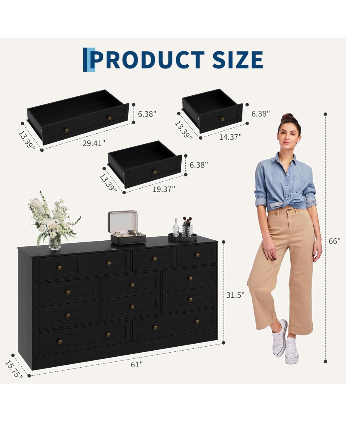 gaomon 12 Drawers Wooden Dressers for Bedroom, Wood Chest of Clothes Storage Organizer Living Room, Hallway, Modern Wide Tv Stand Dresser