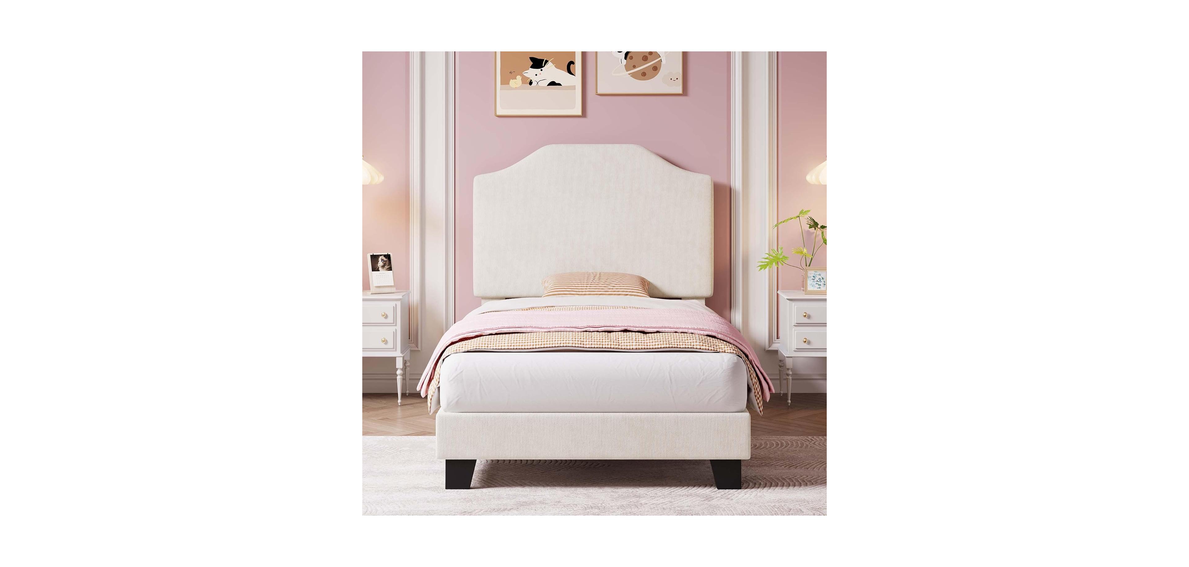 Gaomon Twin Bed Frame Upholstered Platform with Headboard, Strong and Wooden Slats Support