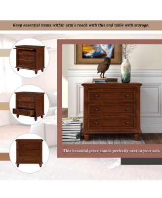 28'' Wood Nightstand, Bedside Cabinet with 3 Storage Drawers and Pull-out Tray, Bedside Accent Table for Bedroom and Office (Brown)