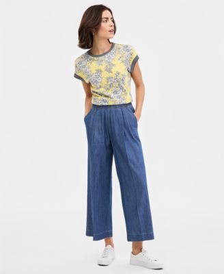 Women's Pleated Chambray Wide-Leg Ankle Pants