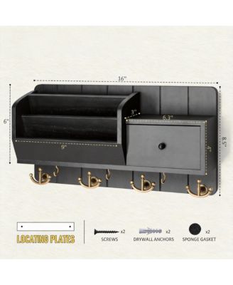Wall Organizer with Mail Sorter, Drawer, Hooks, and Shelf - Rustic Decor