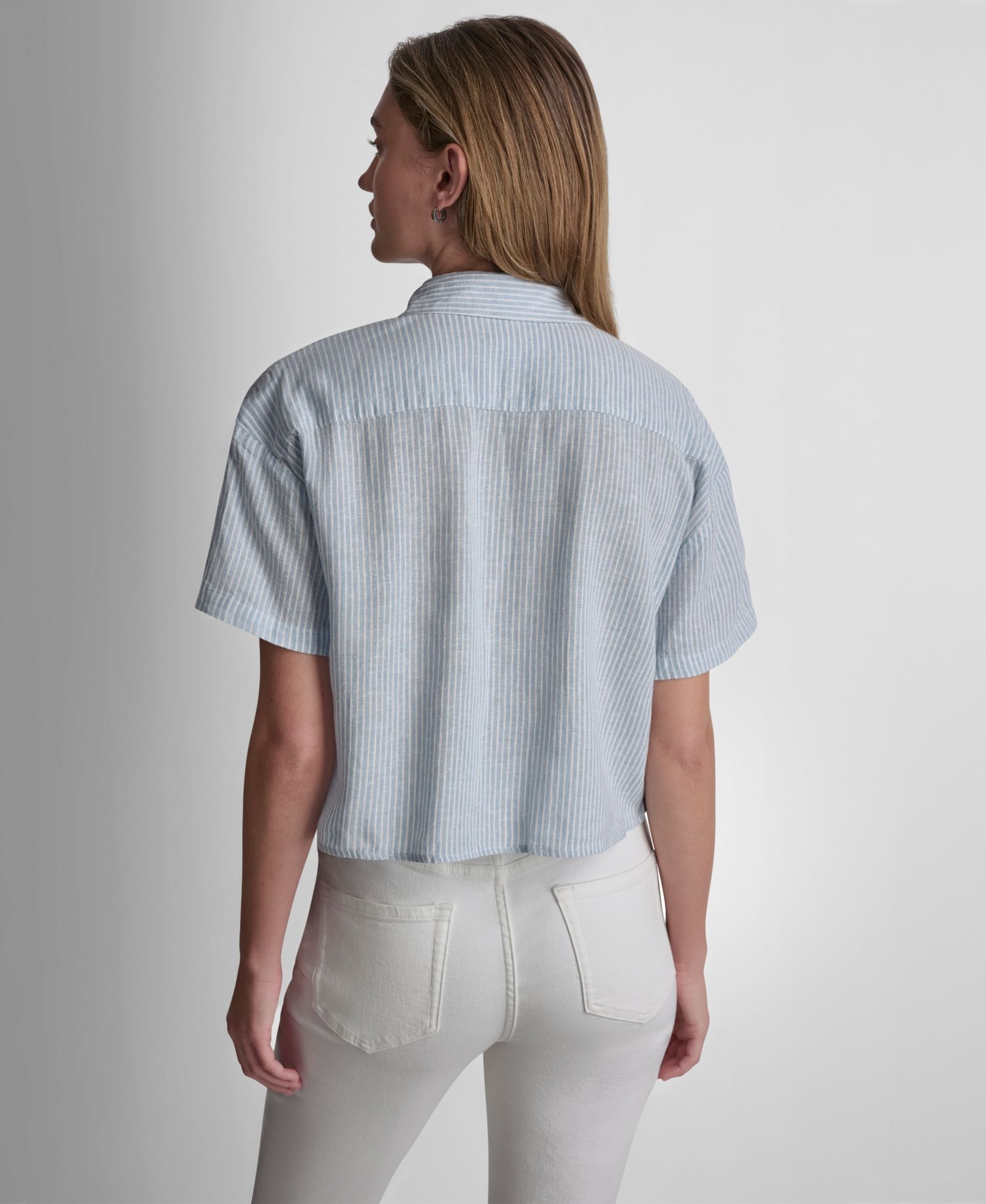 Petite Oversized Linen-Blend Cropped Short Sleeve Shirt