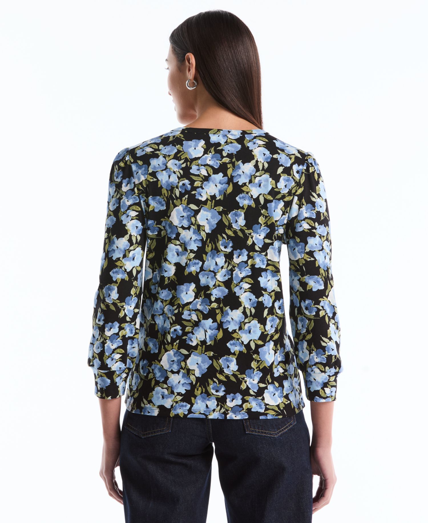 Petite Floral Print Shirred Henley Neck Top