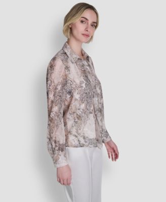 Women's Printed Ruffle Front Long-Sleeve Collared Blouse