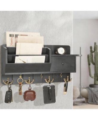 Wall Organizer with Mail Sorter, Drawer, Hooks, and Shelf - Rustic Decor