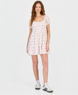 Juniors' Floral Print Eyelet Puff-Sleeve Mini Dress