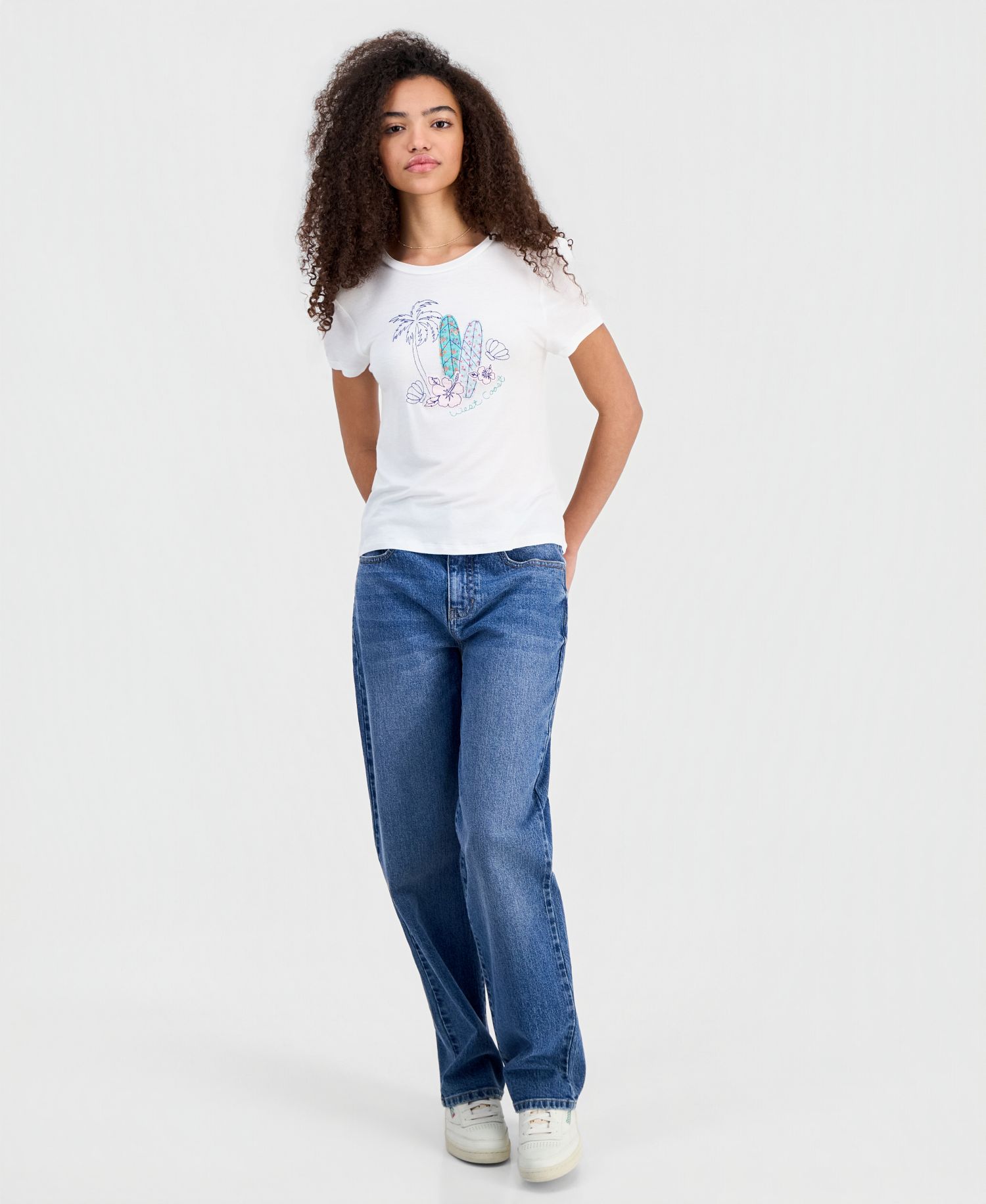 Juniors' Embellished Surfboard Graphic T-Shirt