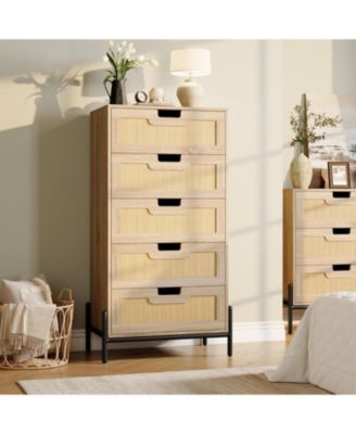 Rattan 5 Drawer Dresser for Bedroom, Modern Farmhouse Wooden Storage Cabinet with Legs, Dressers & Chests of Drawers for Bedroom, Living Room