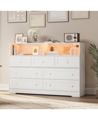 7 Drawer Wooden Dresser with LED Lights, Charging Station & 2 Open Compartments, Freestanding Bedroom Storage Organizer