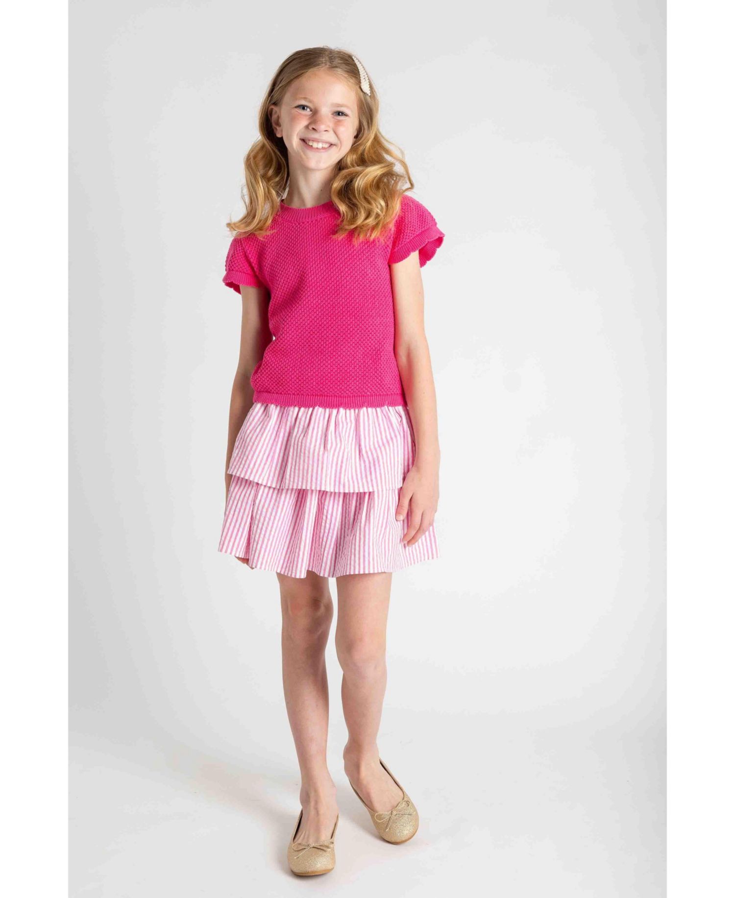 Big Girls Short Sleeve Sweater with Scallop Edges