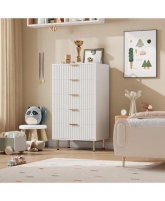 Tall Modern 5 Drawer Fluted Dresser with Deep Storage Drawers & Wide Top Chest