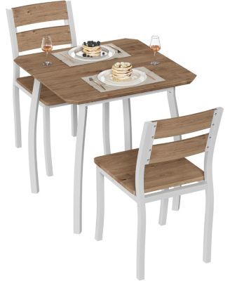 Modern 3 Piece Dining Table Set for 2 – Metal Frame, Wood Grain Tabletop, Wooden Cushion Chairs